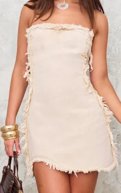 Washed Stone Frayed Seam Curved Hem Denim Mini Dress