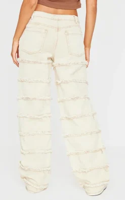 Washed Stone Frayed Striped Seam Wide Leg Jeans