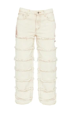 Washed Stone Frayed Striped Seam Wide Leg Jeans