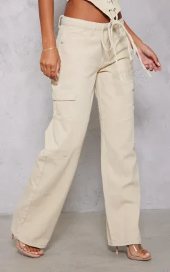 Washed Stone Low Rise Pocket Detail Wide Leg Jeans