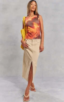 Washed Stone Split Front Mid Rise Denim Midi Skirt