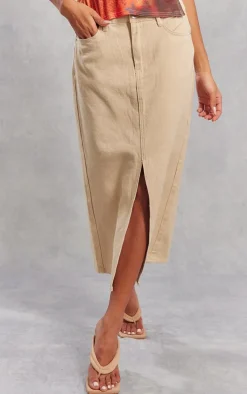 Washed Stone Split Front Mid Rise Denim Midi Skirt