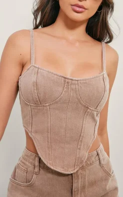 Washed Taupe Dipped Hem Denim Corset Top