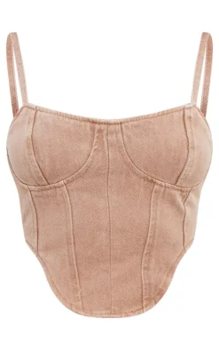 Washed Taupe Dipped Hem Denim Corset Top