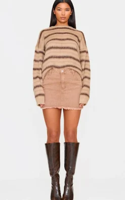 Washed Taupe Raw Hem Denim Mini Skirt