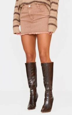 Washed Taupe Raw Hem Denim Mini Skirt