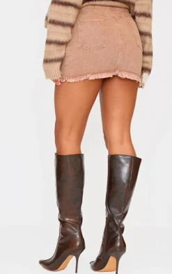 Washed Taupe Raw Hem Denim Mini Skirt