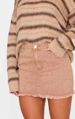 Washed Taupe Raw Hem Denim Mini Skirt