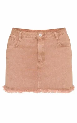 Washed Taupe Raw Hem Denim Mini Skirt