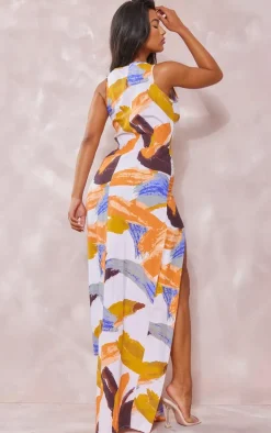 White Abstract Print Linen Look Lace Up Eyelet Detail Maxi Dress