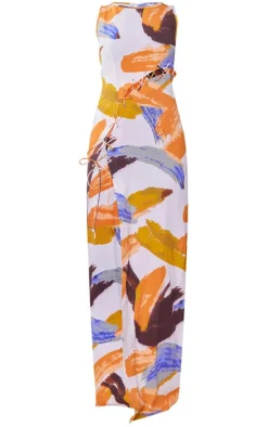 White Abstract Print Linen Look Lace Up Eyelet Detail Maxi Dress