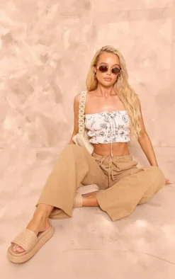 White Abstract Printed Ruched Bandeau Crop Top