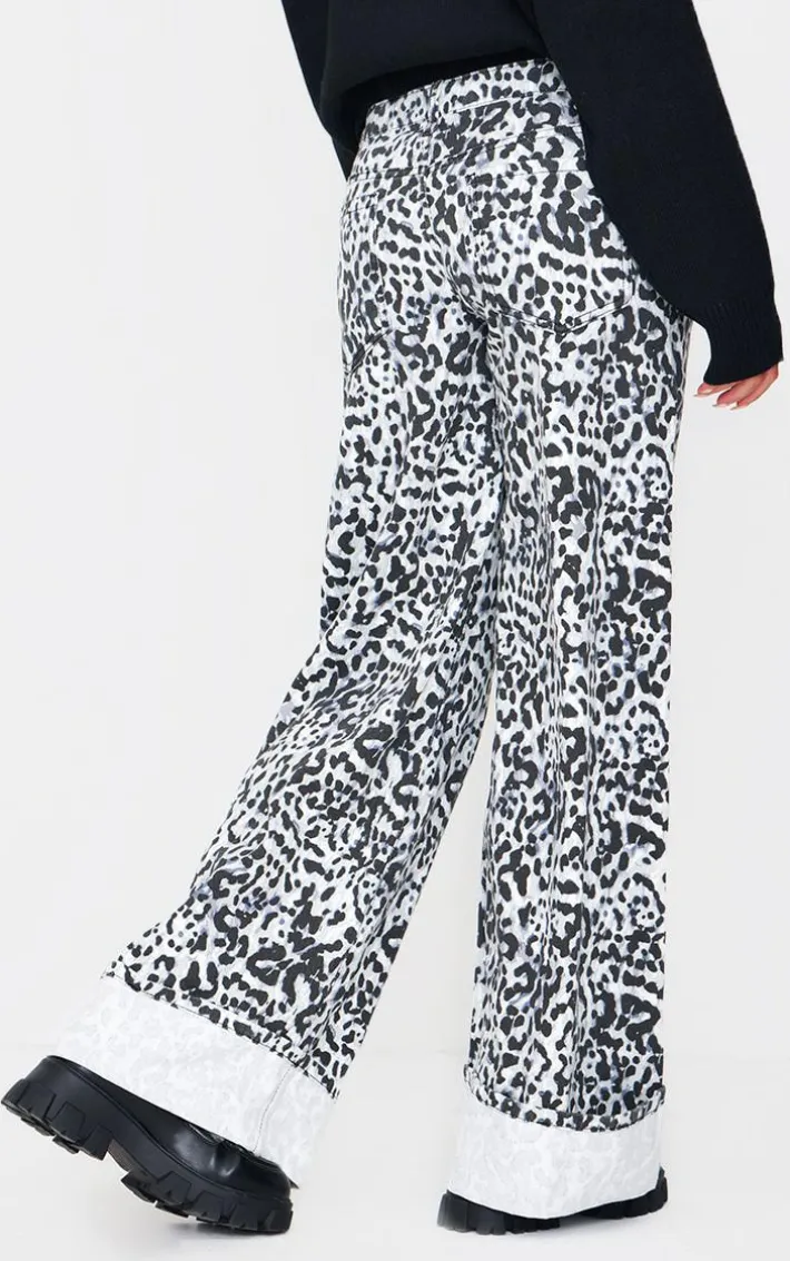 White And Black Leopard Print Turn Up Hem Wide Leg Jeans