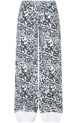 White And Black Leopard Print Turn Up Hem Wide Leg Jeans