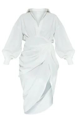 White Balloon Sleeve Gathered Skirt Midi Shirt Dress