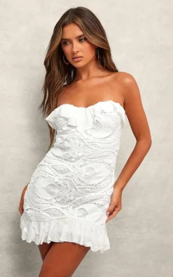 White Bandeau Floral Lace Bodycon Dress