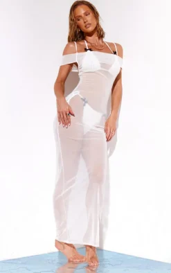 White Bardot Cowl Neck Mesh Maxi Beach Dress
