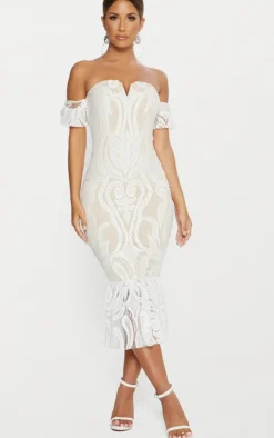 White Bardot Lace Frill Hem Midi Dress
