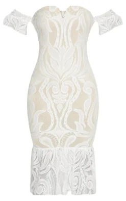 White Bardot Lace Frill Hem Midi Dress