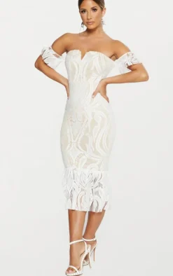 White Bardot Lace Frill Hem Midi Dress