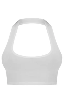 White Basic Cotton Blend Halterneck Crop Top