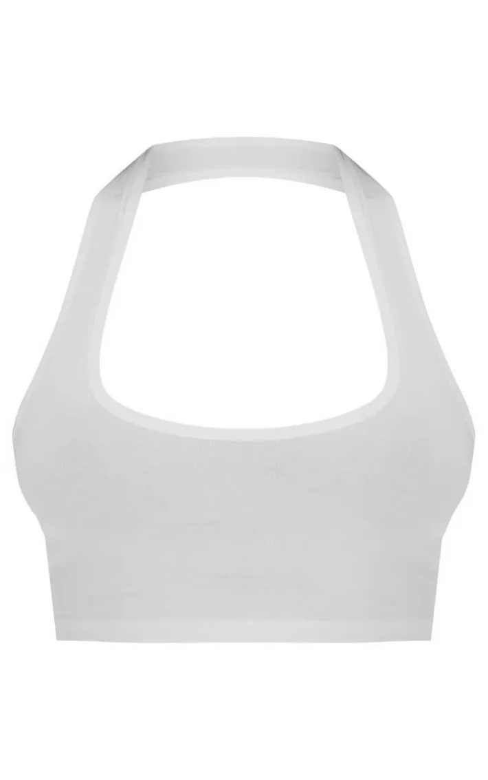 White Basic Cotton Blend Halterneck Crop Top