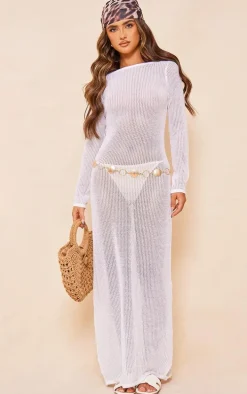 White Basic Crochet Knit Open Back Maxi Dress