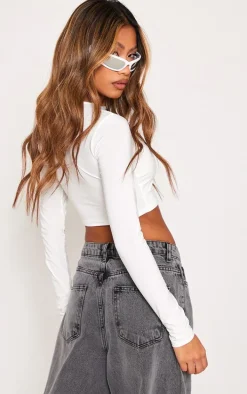 White Basic Slinky Long Sleeve Crop Top