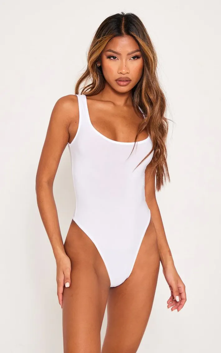 White Basic Slinky Scoop Neck Bodysuit