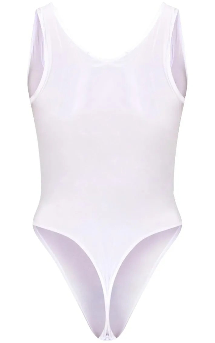 White Basic Slinky Scoop Neck Bodysuit