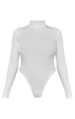 White Basic Soft Ribbed High Neck Long Sleeve Bodysuit