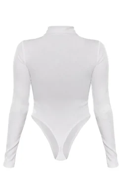 White Basic Soft Ribbed High Neck Long Sleeve Bodysuit
