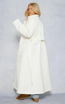 White Boucle Oversized Tie Waist Maxi Coat