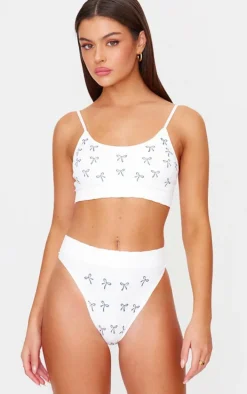 White Bow Print Ribbed Scoop Neck Bralette