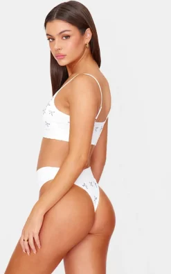 White Bow Print Ribbed Scoop Neck Bralette