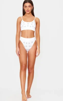 White Bow Print Ribbed Scoop Neck Bralette