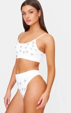 White Bow Print Ribbed Scoop Neck Bralette