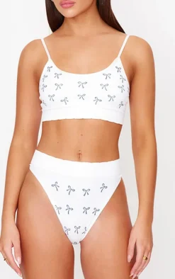 White Bow Print Ribbed Thong