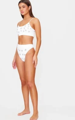 White Bow Print Ribbed Thong