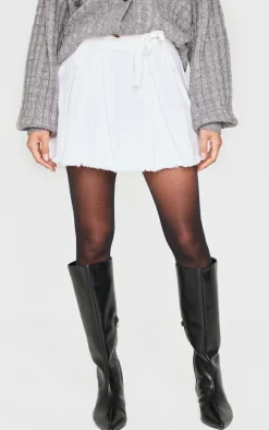 White Bow Tie Belt Pleated Denim Mini Skirt