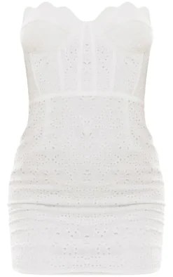 White Broderie Anglaise Bandeau Scallop Bodycon Dress