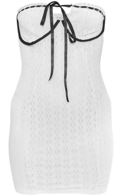 White Broderie Contrast Ribbon Bandeau Bodycon Dress