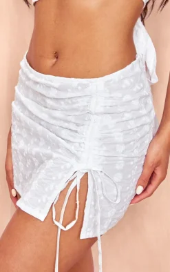 White Broderie Ruched Detail Mini Skirt