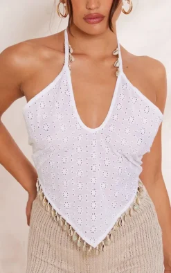 White Broderie Shell Detail Halter Crop Top