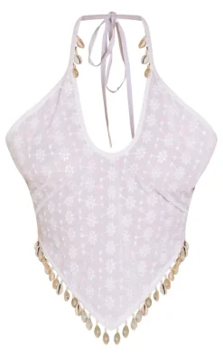 White Broderie Shell Detail Halter Crop Top