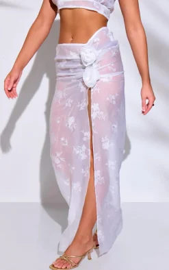 White Burnout Flower Applique Maxi Beach Skirt