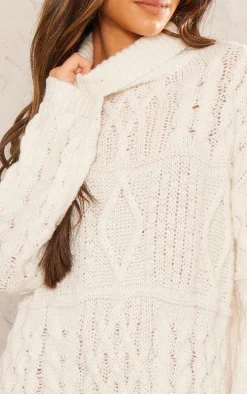 White Cable Panels Roll Neck Knitted Sweater
