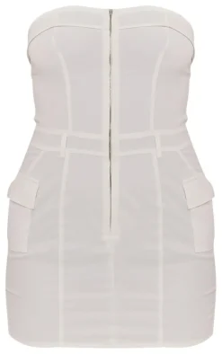 White Cargo Pocket Zip Up Bandeau Bodycon Dress