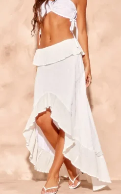 White Cheesecloth Shirred Waist Waterfall Hem Maxi Skirt