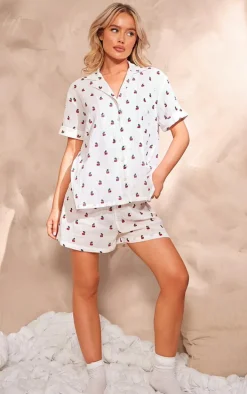 White Cherry Print Crinkle Short Sleeve Pj Set